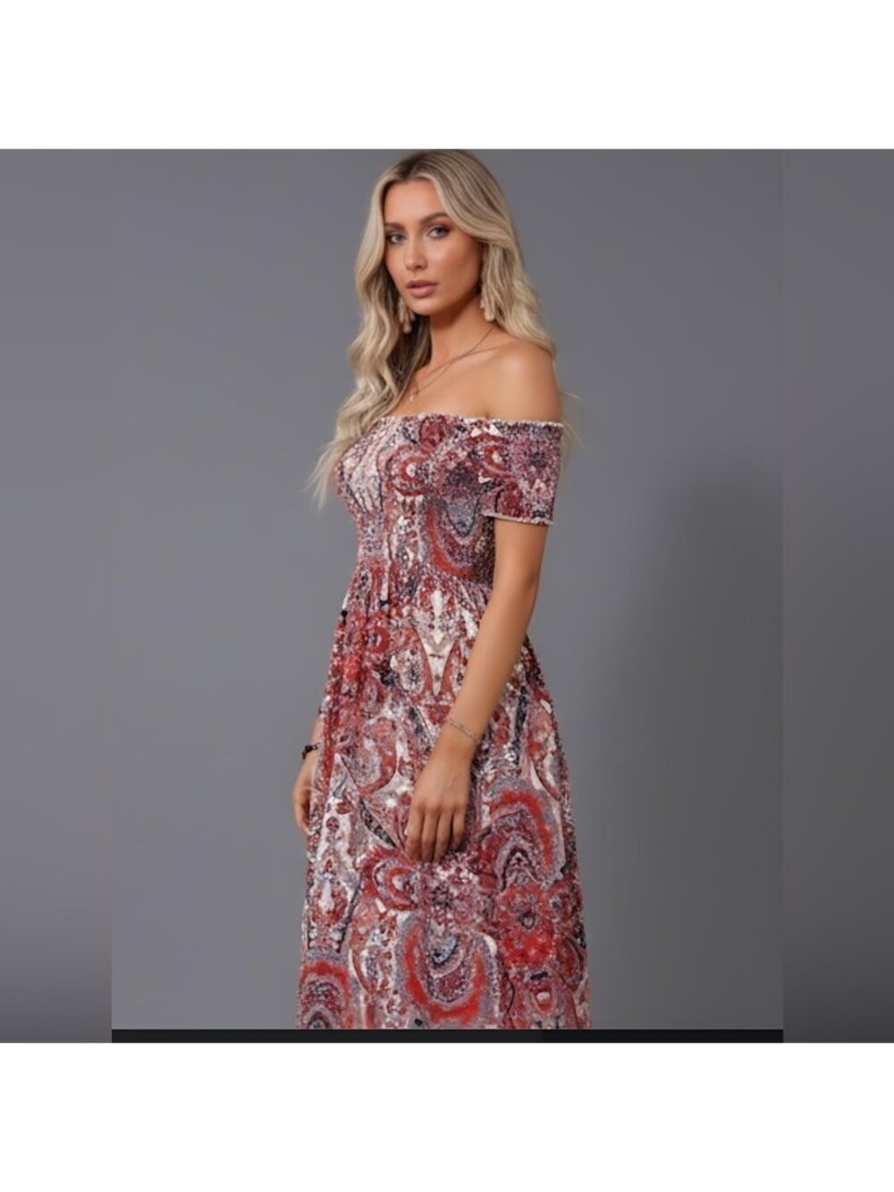 LAST ONE 🔥 Boho Paisley Off Shoulder Split Thigh Dress - Picture 2 of 6